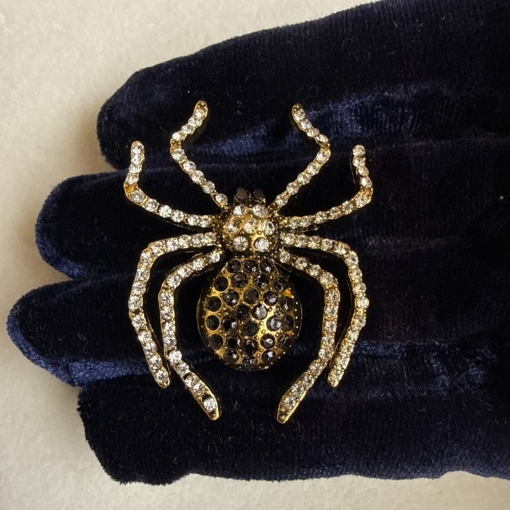 Spider Brooch Gold Tone Black Clear Rhinestone Crystal Statement Jewelry